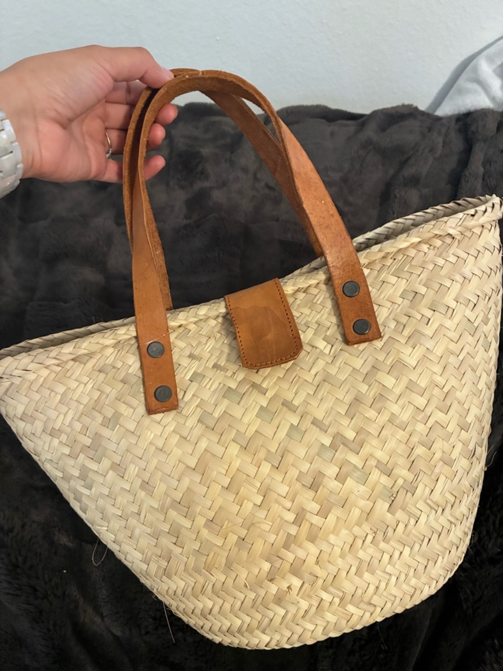 Woven Straw Tote Bag with Brown Leather Handles